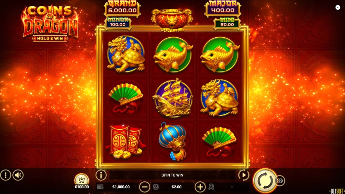หน้าจอเกมสล็อต Coins of Dragon – Hold & Win พร้อมสัญลักษณ์มังกรและเหรียญทอง