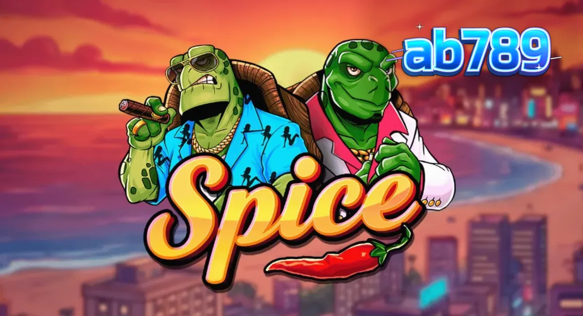 ภาพกราฟิกสล็อต Spice ที่แสดงธีมเต่าซิ่งและบรรยากาศชายหาดนีออน